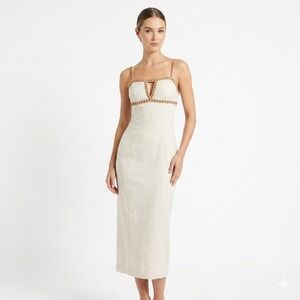 BTB Los Angeles Hudson Dress Beaded Linen Sheath Oatmeal Size XS